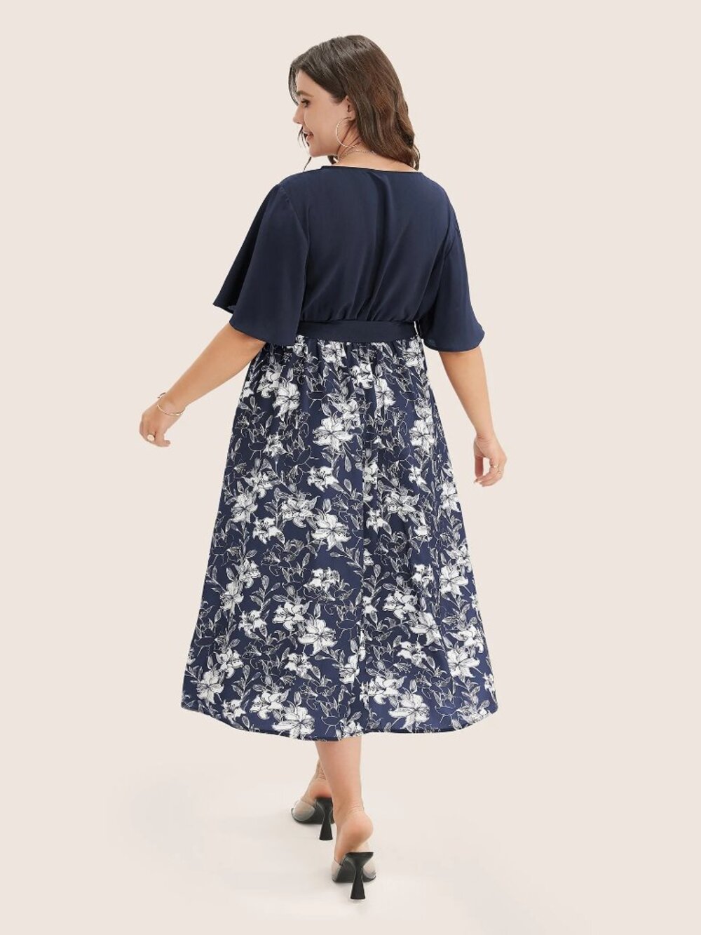 Bloomchic Size 10 Dress V-Neck Floral Ruffle Sleeve Midi Patchwork Pockets Belt - Picture 4 of 9